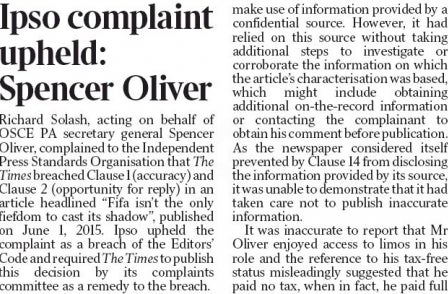 Times censured by IPSO over 'inaccurate' story saying OSCE run as corrupt 'personal fiefdom'